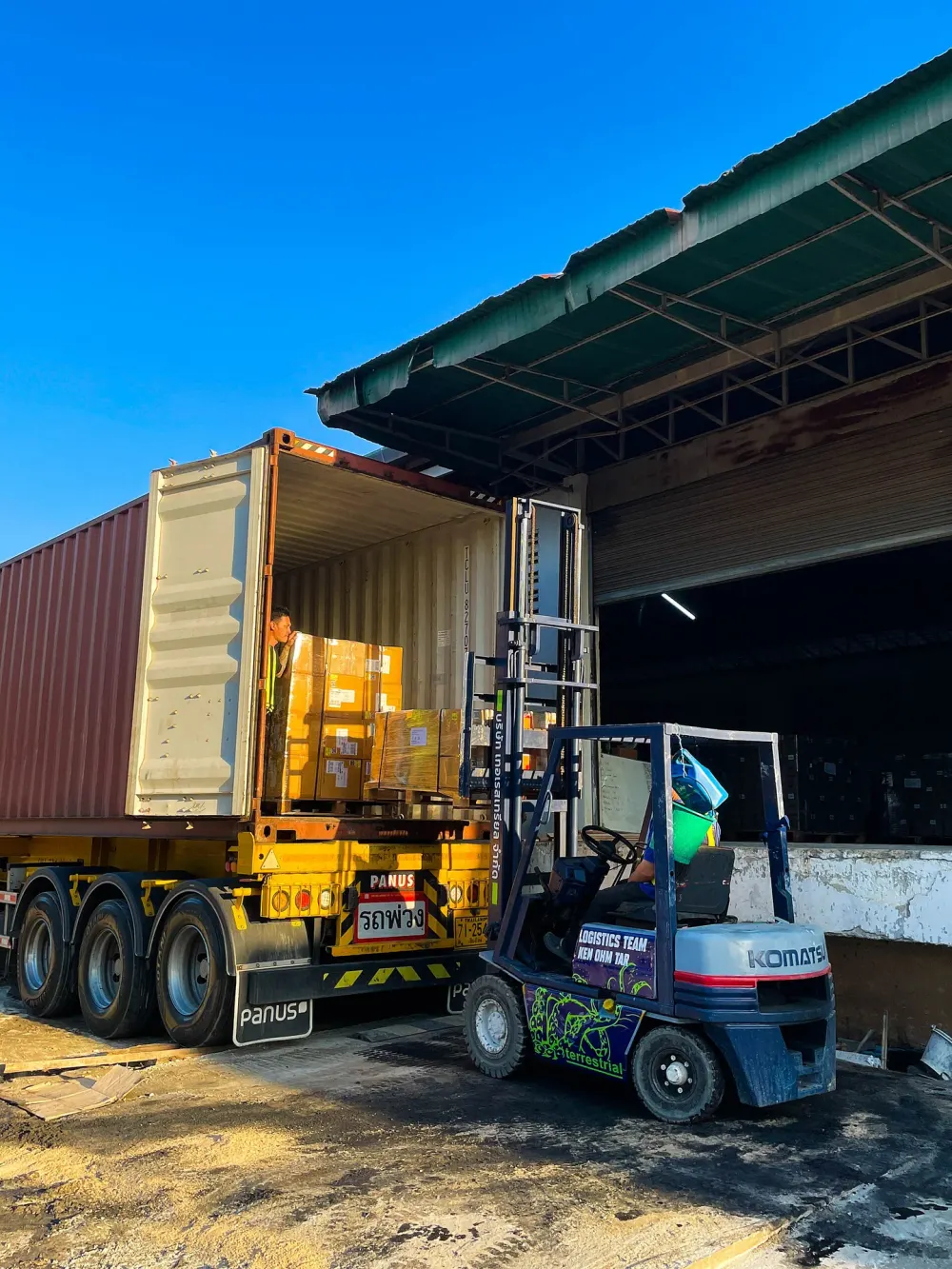 Container loading with a forklift in Thailand; industry reference photograph